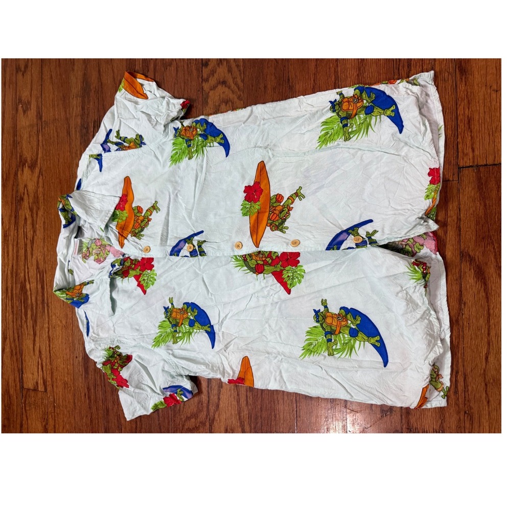 Nickelodeon TMNT Surfing Ninja Turtles Hawaiian Button Up Shirt Mens Small Blue